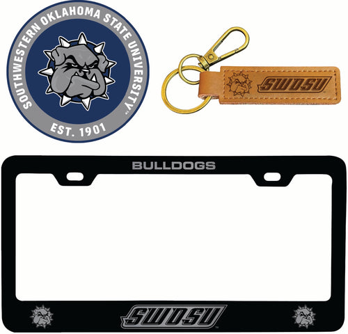 Southwestern Oklahoma State University Officially Licensed Auto Pack - Engraved Metal License Plate Frame, Leather Keychain & 2-Pack Logo Stickers 