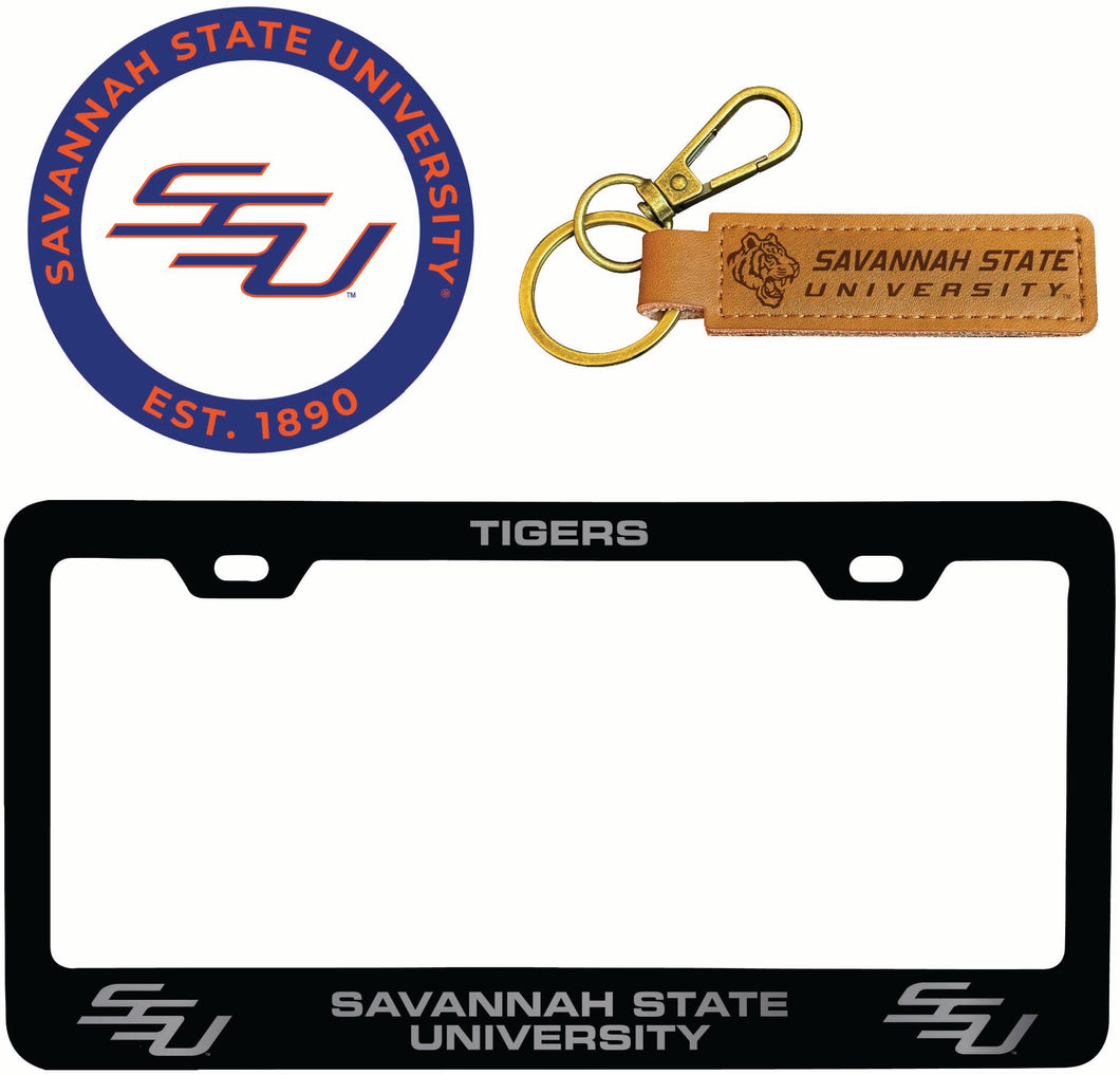 Savannah State University Officially Licensed Auto Pack - Engraved Metal License Plate Frame, Leather Keychain & 2-Pack Logo Stickers 