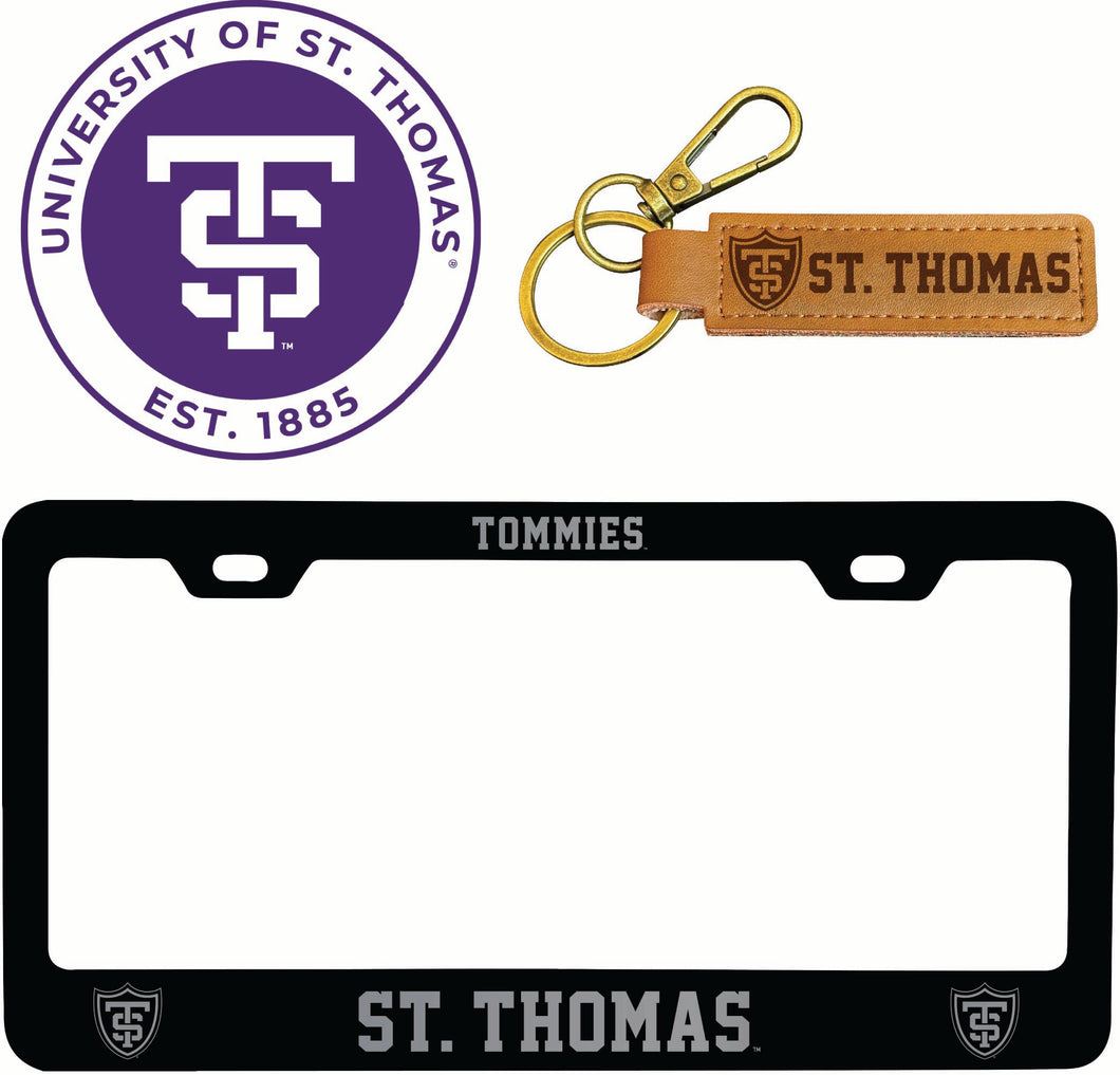 University of St. Thomas Officially Licensed Auto Pack - Engraved Metal License Plate Frame, Leather Keychain & 2-Pack Logo Stickers 