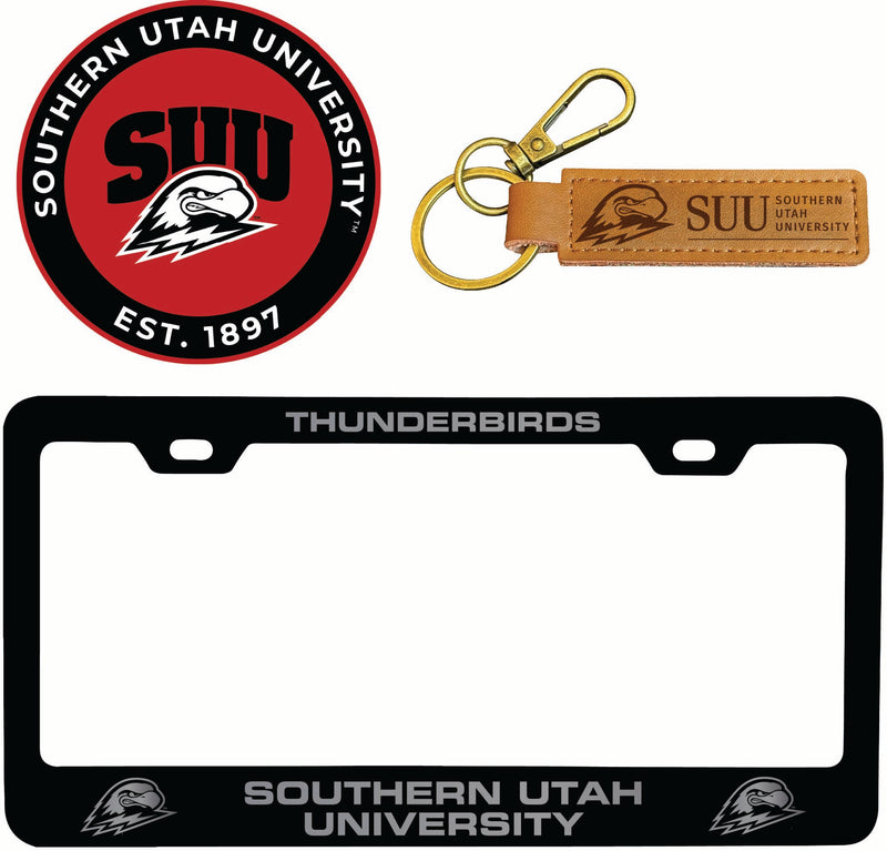 Southern Utah University Officially Licensed Auto Pack - Engraved Metal License Plate Frame, Leather Keychain & 2-Pack Logo Stickers 