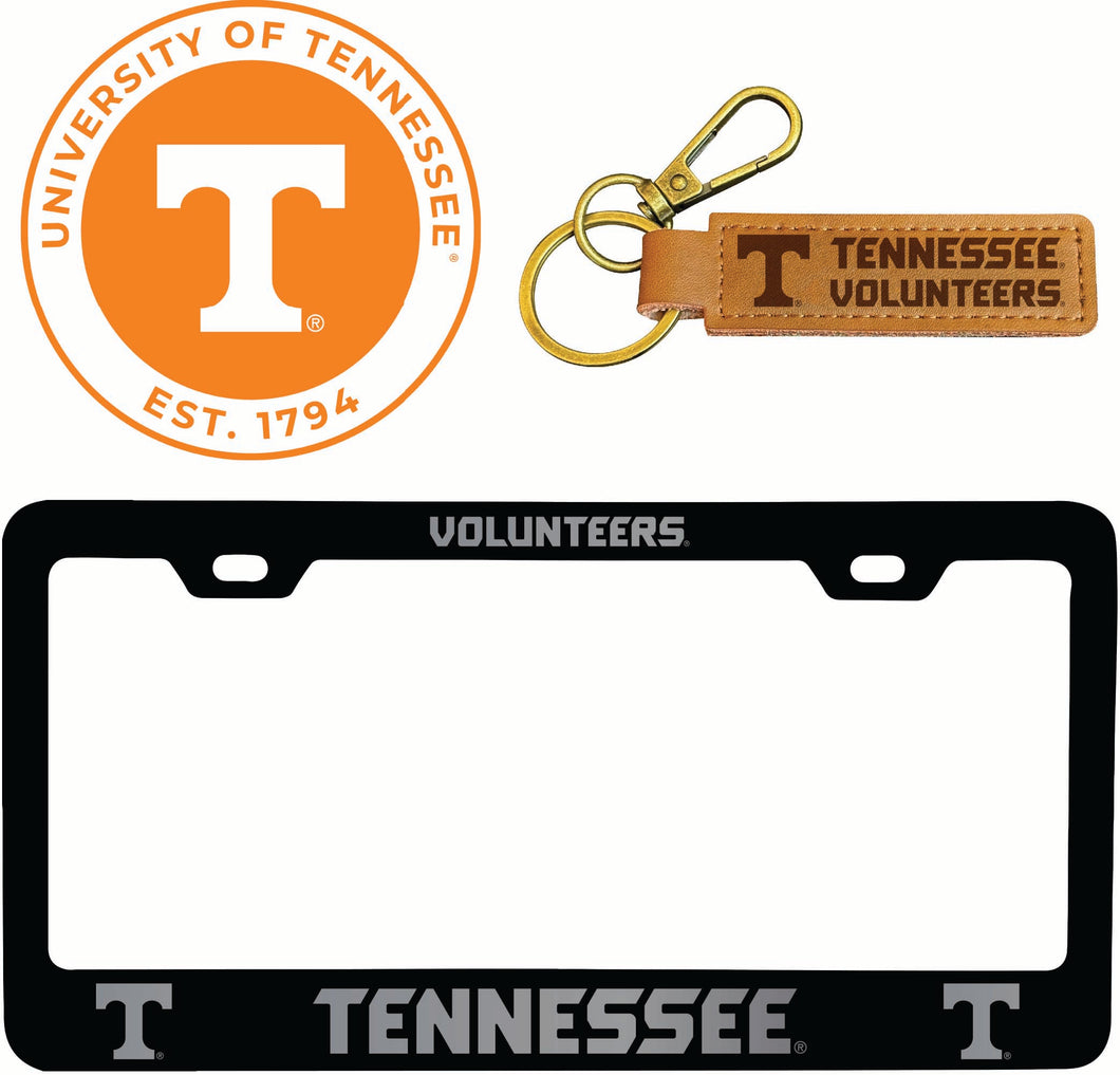 Tennessee Knoxville Volunteers Officially Licensed Auto Pack - Engraved Metal License Plate Frame, Leather Keychain & 2-Pack Logo Stickers 