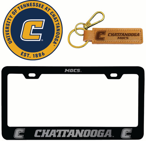 University of Tennessee at Chattanooga Officially Licensed Auto Pack - Engraved Metal License Plate Frame, Leather Keychain & 2-Pack Logo Stickers 