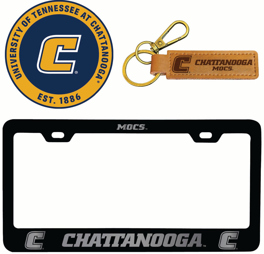 University of Tennessee at Chattanooga Officially Licensed Auto Pack - Engraved Metal License Plate Frame, Leather Keychain & 2-Pack Logo Stickers 