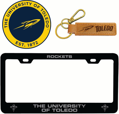Toledo Rockets Officially Licensed Auto Pack - Engraved Metal License Plate Frame, Leather Keychain & 2-Pack Logo Stickers 
