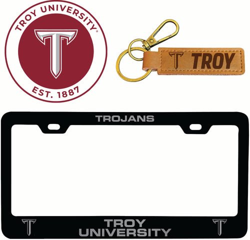 Troy University Officially Licensed Auto Pack - Engraved Metal License Plate Frame, Leather Keychain & 2-Pack Logo Stickers 