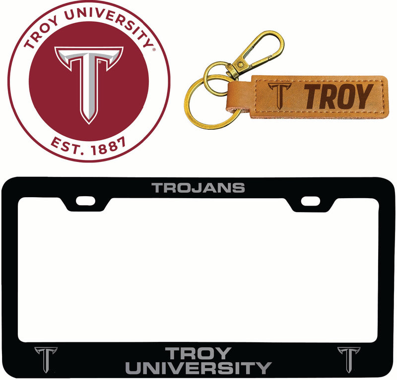 Troy University Officially Licensed Auto Pack - Engraved Metal License Plate Frame, Leather Keychain & 2-Pack Logo Stickers 