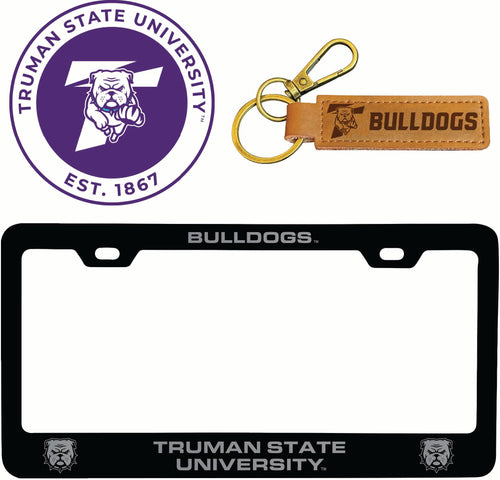 Truman State University Officially Licensed Auto Pack - Engraved Metal License Plate Frame, Leather Keychain & 2-Pack Logo Stickers 
