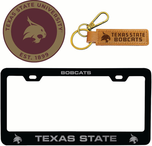 Texas State Bobcats Officially Licensed Auto Pack - Engraved Metal License Plate Frame, Leather Keychain & 2-Pack Logo Stickers 