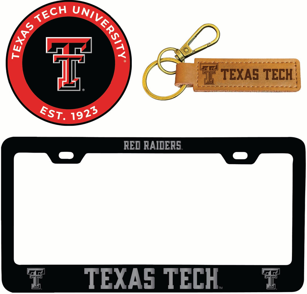 Texas Tech Red Raiders Officially Licensed Auto Pack - Engraved Metal License Plate Frame, Leather Keychain & 2-Pack Logo Stickers 