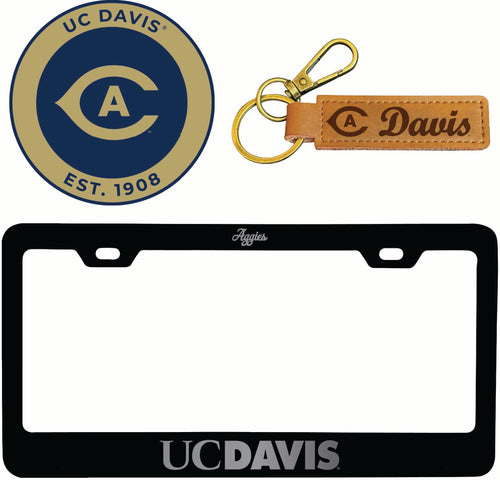 UC Davis Aggies Officially Licensed Auto Pack - Engraved Metal License Plate Frame, Leather Keychain & 2-Pack Logo Stickers 