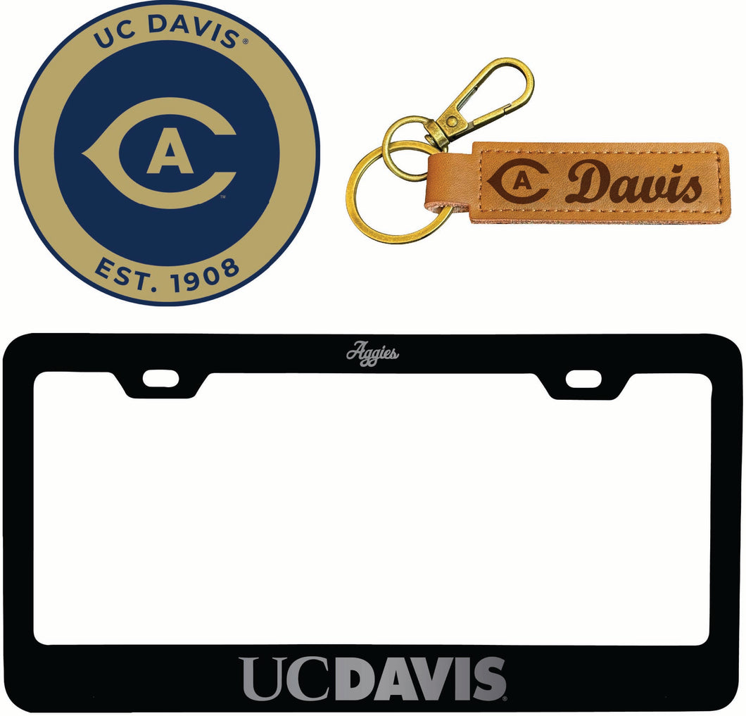 UC Davis Aggies Officially Licensed Auto Pack - Engraved Metal License Plate Frame, Leather Keychain & 2-Pack Logo Stickers 