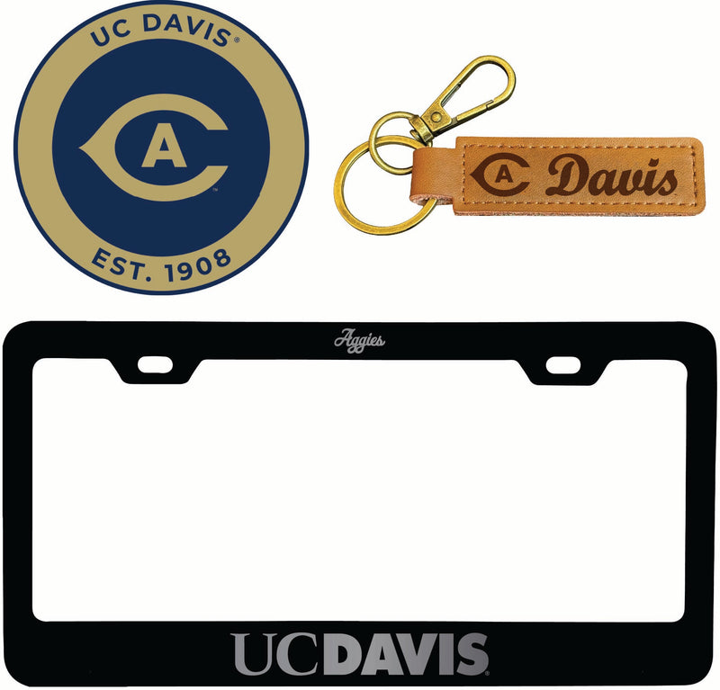 UC Davis Aggies Officially Licensed Auto Pack - Engraved Metal License Plate Frame, Leather Keychain & 2-Pack Logo Stickers 