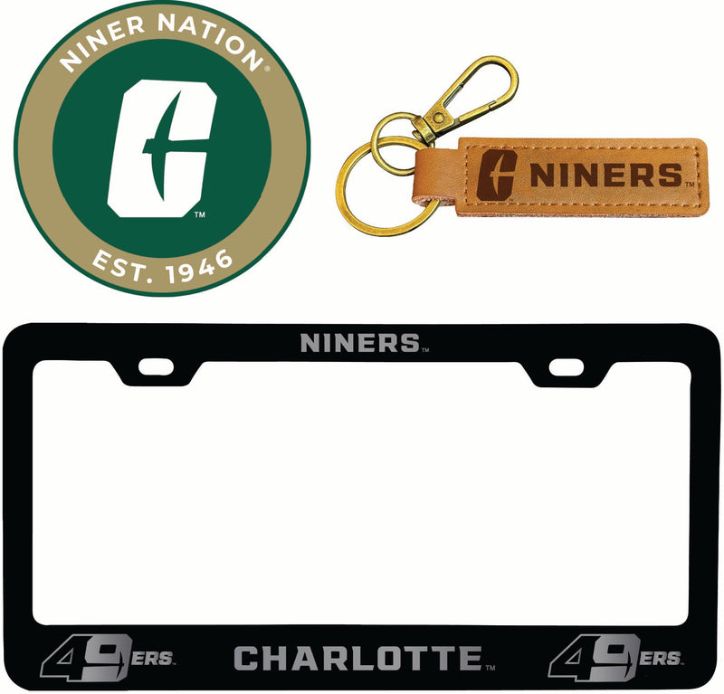 North Carolina Charlotte Forty-Niners Officially Licensed Auto Pack - Engraved Metal License Plate Frame, Leather Keychain & 2-Pack Logo Stickers 