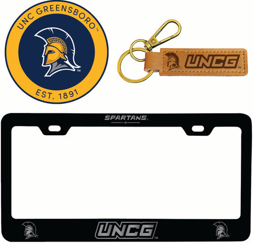 North Carolina Greensboro Spartans Officially Licensed Auto Pack - Engraved Metal License Plate Frame, Leather Keychain & 2-Pack Logo Stickers 