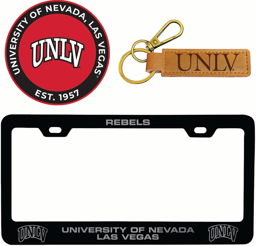 UNLV Rebels Officially Licensed Auto Pack - Engraved Metal License Plate Frame, Leather Keychain & 2-Pack Logo Stickers 