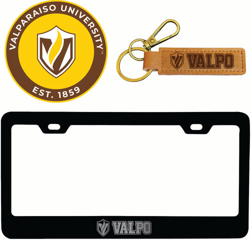 Valparaiso University Officially Licensed Auto Pack - Engraved Metal License Plate Frame, Leather Keychain & 2-Pack Logo Stickers 