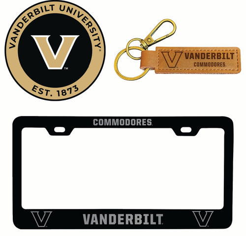 Vanderbilt University Officially Licensed Auto Pack - Engraved Metal License Plate Frame, Leather Keychain & 2-Pack Logo Stickers 