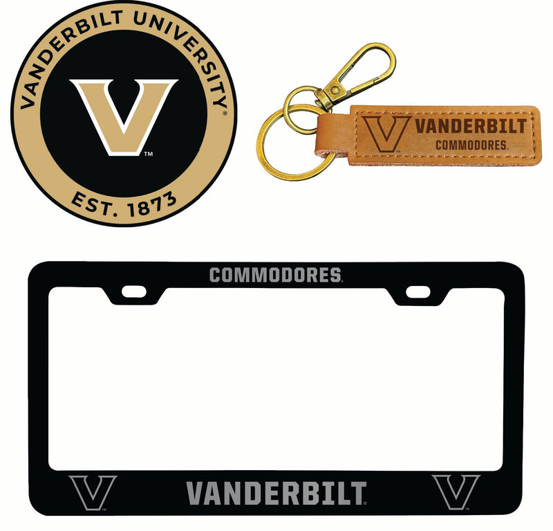 Vanderbilt University Officially Licensed Auto Pack - Engraved Metal License Plate Frame, Leather Keychain & 2-Pack Logo Stickers 