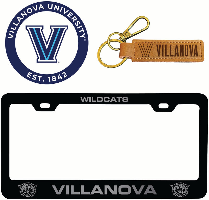 Villanova Wildcats Officially Licensed Auto Pack - Engraved Metal License Plate Frame, Leather Keychain & 2-Pack Logo Stickers 