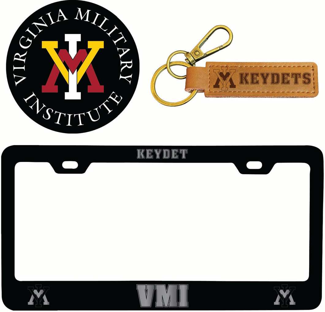 VMI Keydets Officially Licensed Auto Pack - Engraved Metal License Plate Frame, Leather Keychain & 2-Pack Logo Stickers 