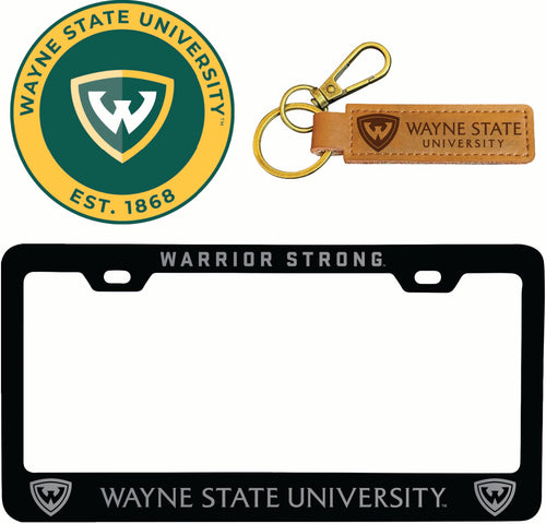 Wayne State Officially Licensed Auto Pack - Engraved Metal License Plate Frame, Leather Keychain & 2-Pack Logo Stickers 