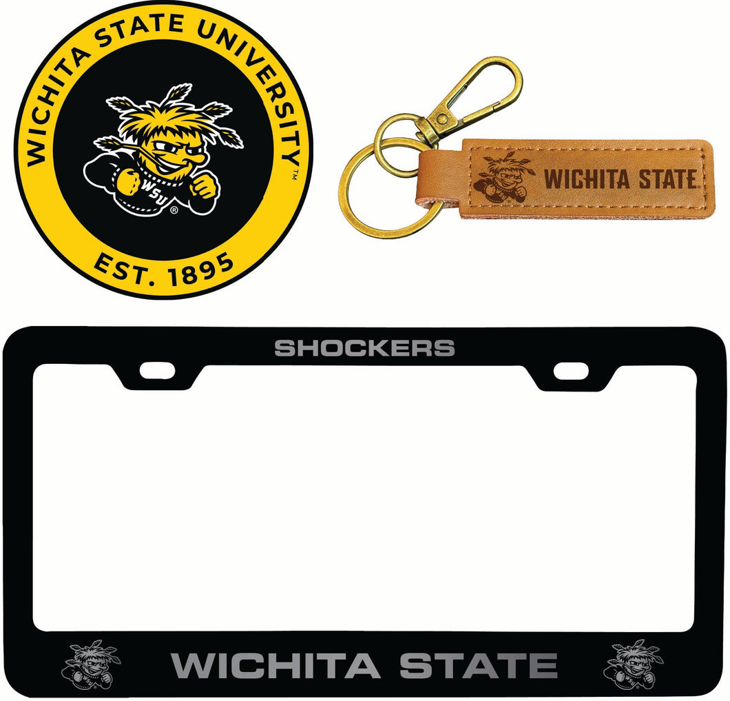 Wichita State Shockers Officially Licensed Auto Pack - Engraved Metal License Plate Frame, Leather Keychain & 2-Pack Logo Stickers 