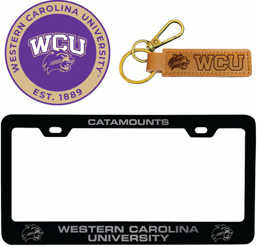 Western Carolina University Officially Licensed Auto Pack - Engraved Metal License Plate Frame, Leather Keychain & 2-Pack Logo Stickers 