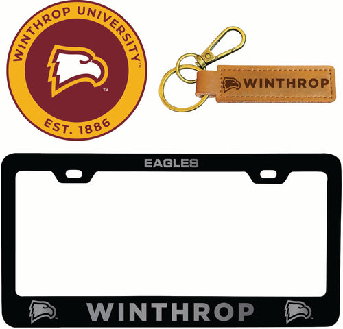 Winthrop University Officially Licensed Auto Pack - Engraved Metal License Plate Frame, Leather Keychain & 2-Pack Logo Stickers 