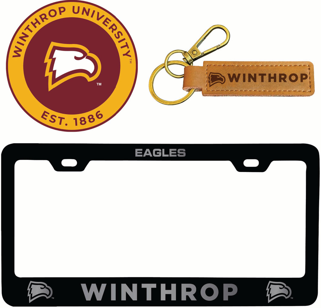 Winthrop University Officially Licensed Auto Pack - Engraved Metal License Plate Frame, Leather Keychain & 2-Pack Logo Stickers 
