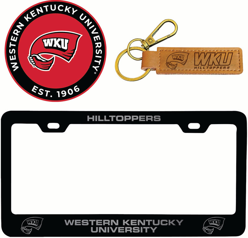 Western Kentucky Hilltoppers Officially Licensed Auto Pack - Engraved Metal License Plate Frame, Leather Keychain & 2-Pack Logo Stickers 