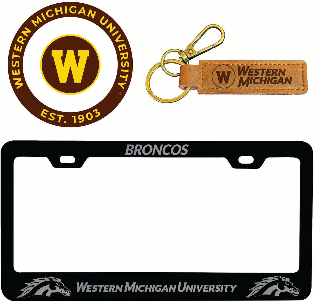 Western Michigan University Officially Licensed Auto Pack - Engraved Metal License Plate Frame, Leather Keychain & 2-Pack Logo Stickers 