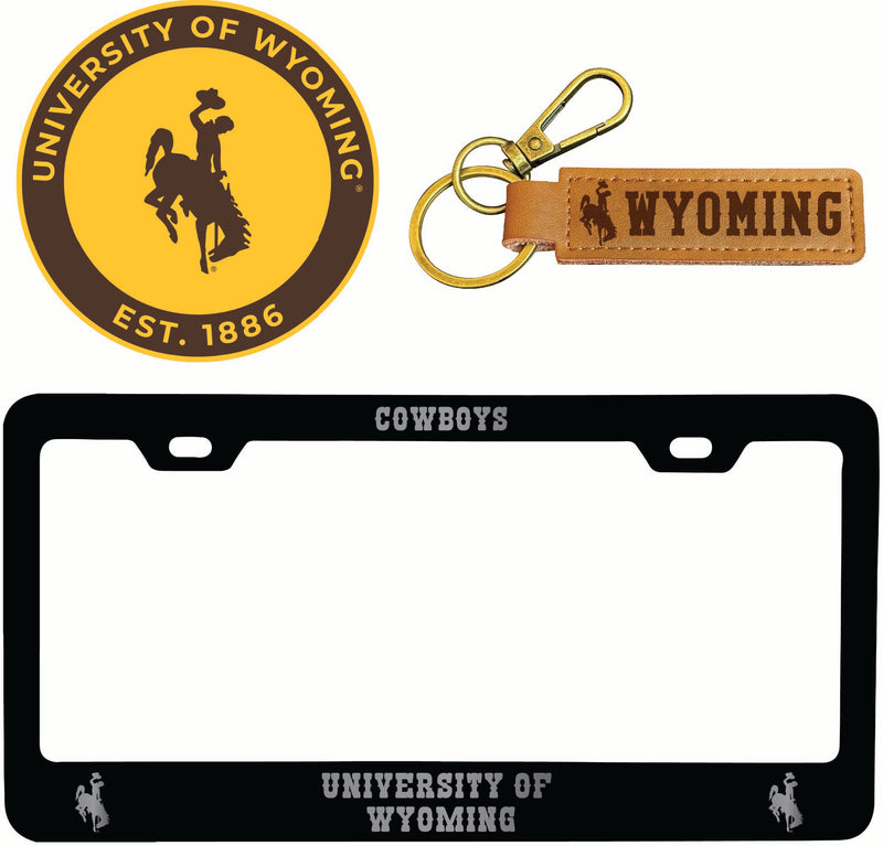 University of Wyoming Officially Licensed Auto Pack - Engraved Metal License Plate Frame, Leather Keychain & 2-Pack Logo Stickers 