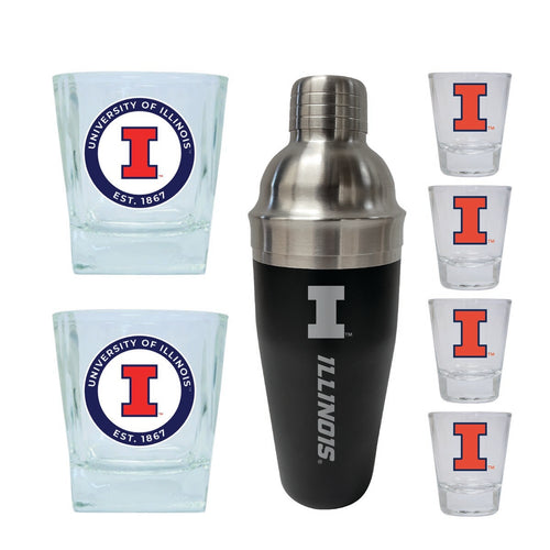 Illinois Fighting Illini Officially Licensed Collegiate Barware Set – 7-Piece Cocktail & Whiskey Glass Gift Pack 