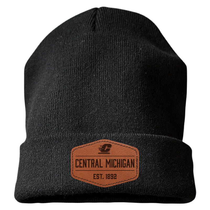 Central Michigan University Officially Licensed Unisex Beanie with Round or Hexagonal Leatherette Patch Black|Hexagon