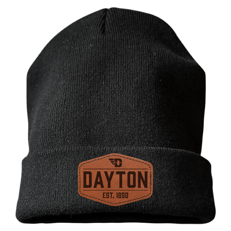 Dayton Flyers Officially Licensed Unisex Beanie with Round or Hexagonal Leatherette Patch Black|Hexagon