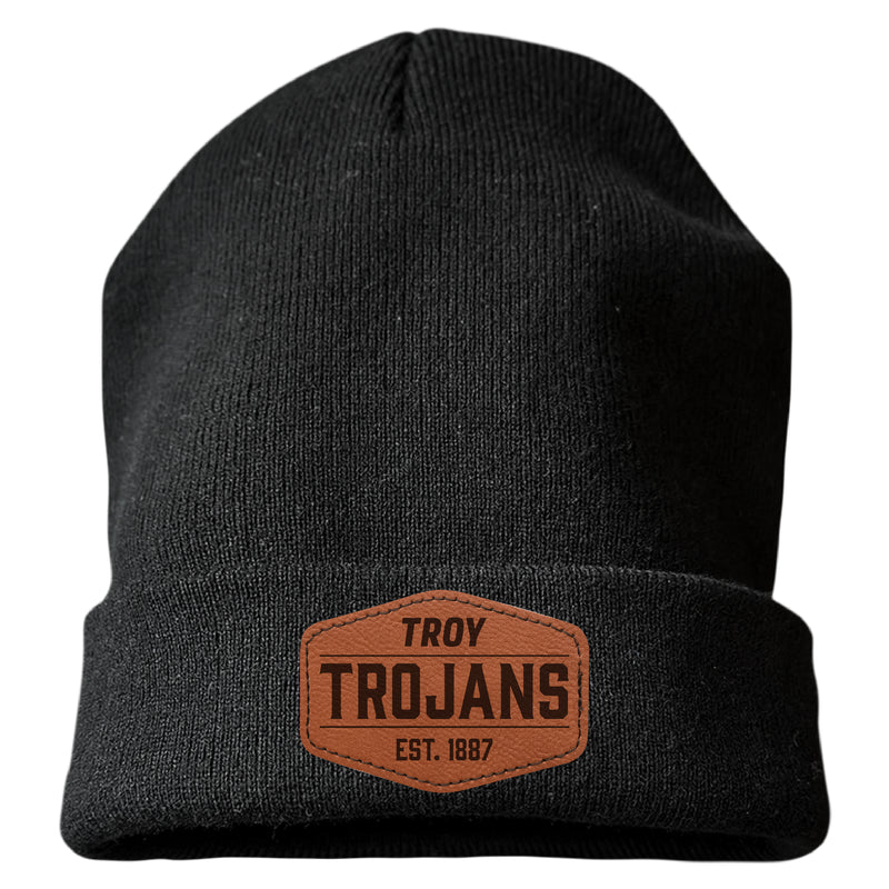 Troy University Officially Licensed Unisex Beanie with Round or Hexagonal Leatherette Patch Black|Hexagon