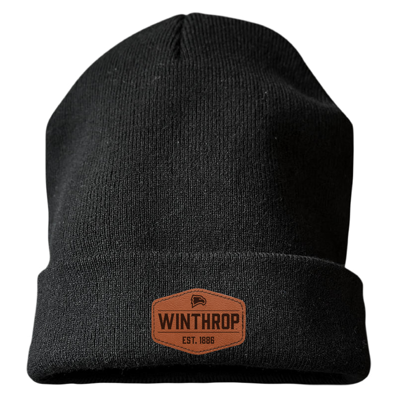 Winthrop University Officially Licensed Unisex Beanie with Round or Hexagonal Leatherette Patch Black|Hexagon