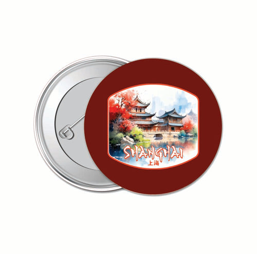 Shanghai China Watercolor Templates Design Souvenir Small 1-Inch Button Pin 4 Pack 