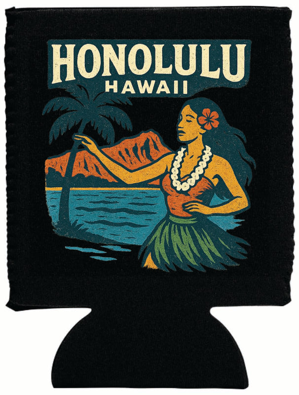 Honolulu Hawaii Vintage Design Souvenir Neoprene Can Hugger Black