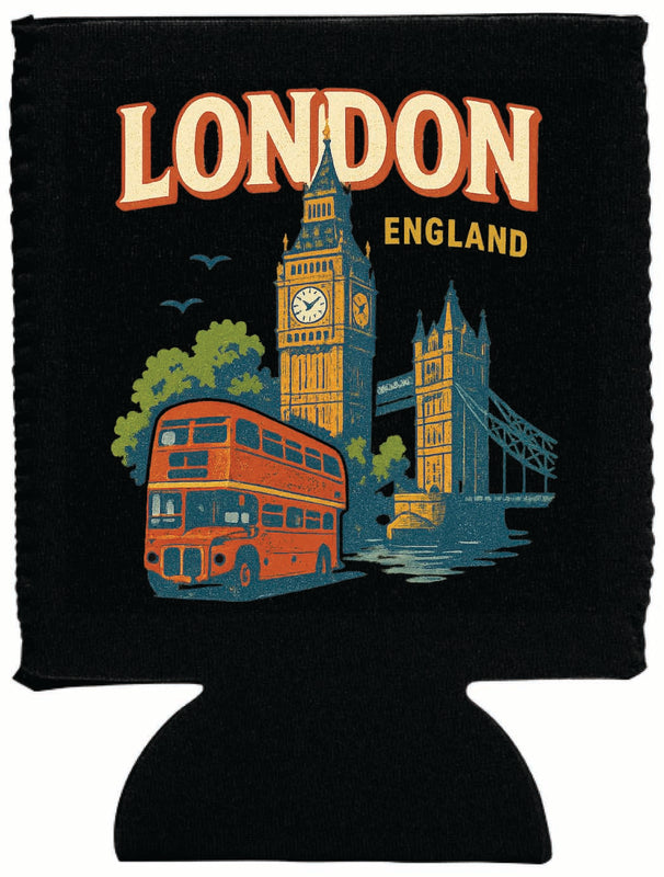 London England Vintage Design Souvenir Neoprene Can Hugger Black