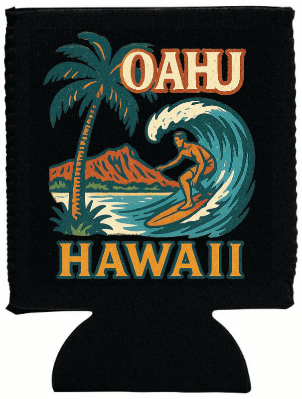 Oahu Hawaii Vintage Design Souvenir Neoprene Can Hugger Black