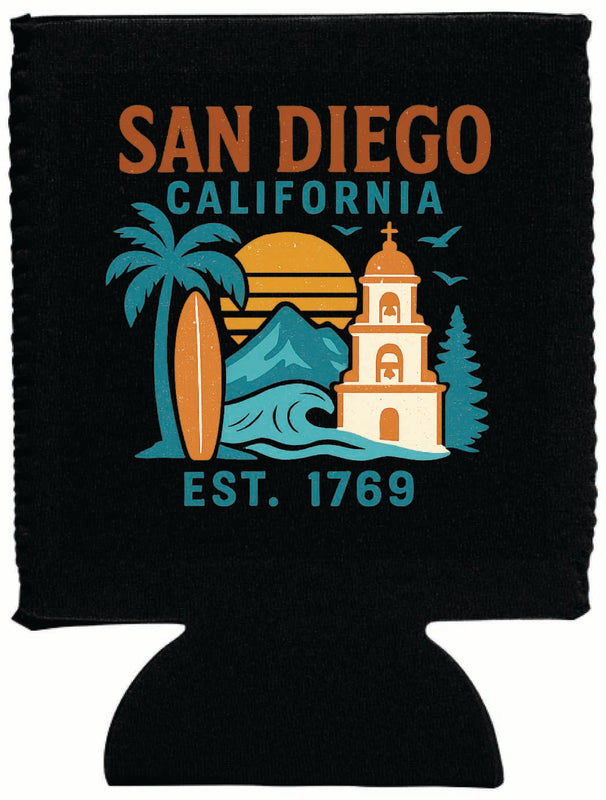 San Diego California Vintage Design Souvenir Neoprene Can Hugger Black
