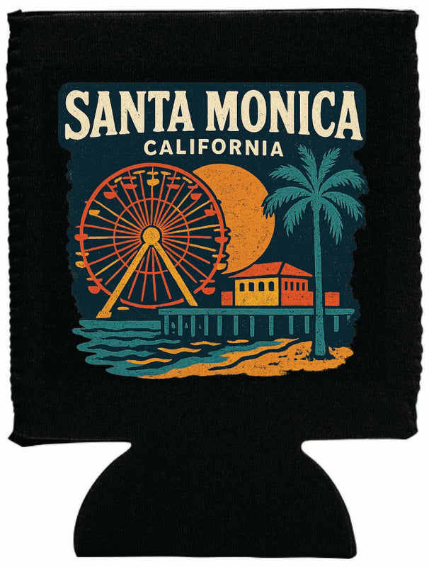 Santa Monica California Vintage Design Souvenir Neoprene Can Hugger Black