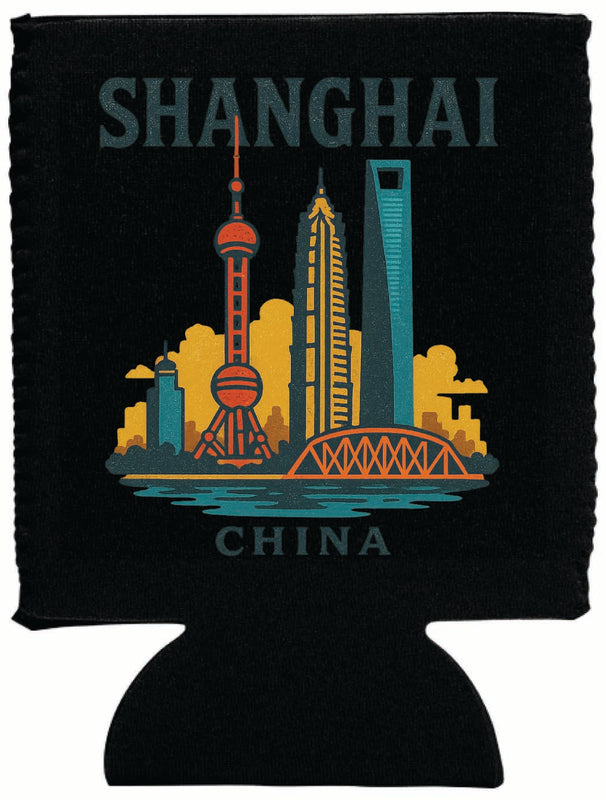 Shanghai China Vintage Design Souvenir Neoprene Can Hugger Black