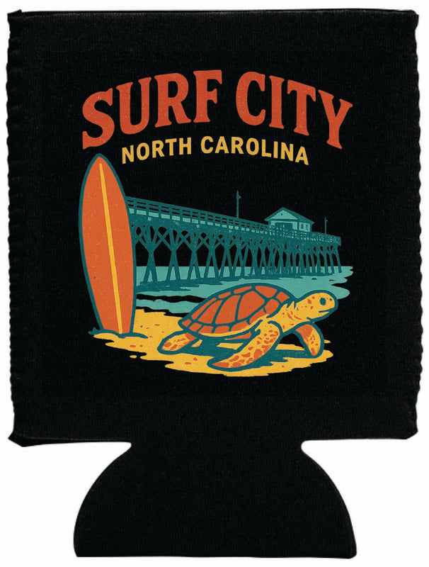 Surf City North Carolina Vintage Design Souvenir Neoprene Can Hugger Black