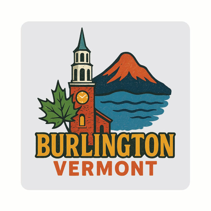 Burlington Vermont Vintage Design Souvenir Coaster Set – 4 Pack (Multiple Materials & Sizes) 
