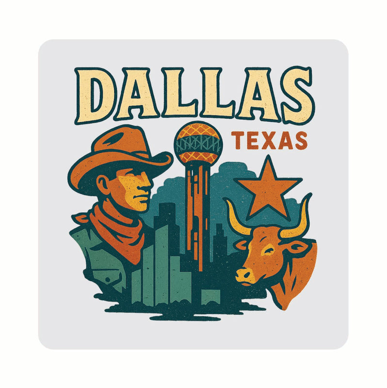 Dallas Texas Vintage Design Souvenir Coaster Set – 4 Pack (Multiple Materials & Sizes) 