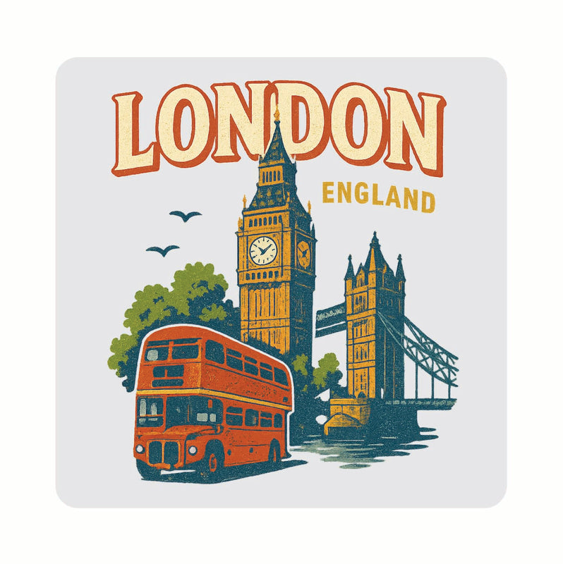 London England Vintage Design Souvenir Coaster Set – 4 Pack (Multiple Materials & Sizes) 