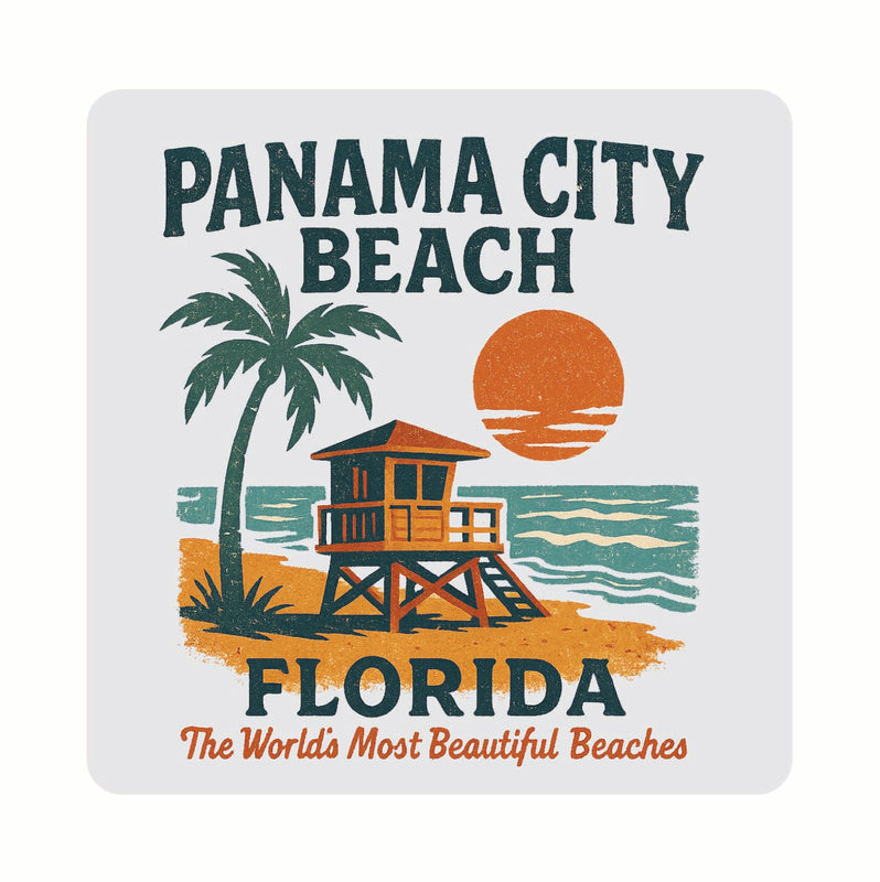 Panama City Beach Florida Vintage Design Souvenir Coaster Set – 4 Pack (Multiple Materials & Sizes) 