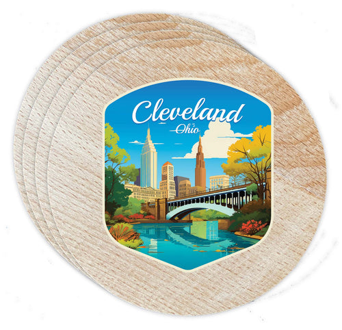 Cleveland Ohio Design B Souvenir Coaster Wooden 3.5 x 3.5-Inch 4 Pack 